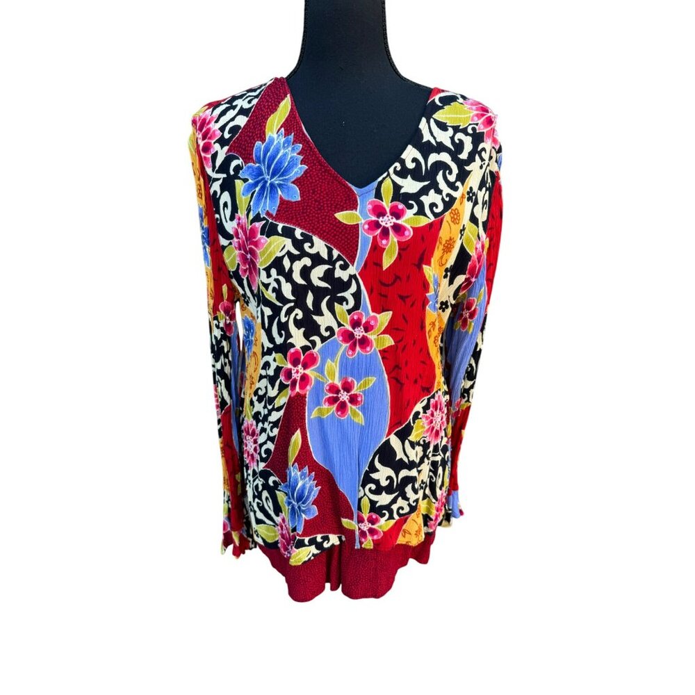 A. Grace Atsy Floral Patchwork Tunic Top L Bright… - image 1